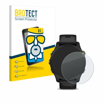 Parte frontal de un envase de producto con el logotipo de la marca BROTECT. Al lado se muestra el dispositivo Garmin Forerunne