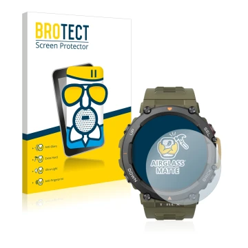 Parte frontal de un envase de producto con el logotipo de la marca BROTECT. Al lado se muestra el dispositivo Huami Amazfit T-