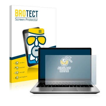 Parte frontal de un envase de producto con el logotipo de la marca BROTECT. Al lado se muestra el dispositivo HP ProBook 640 G