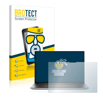 Parte frontal de un envase de producto con el logotipo de la marca BROTECT. Al lado se muestra el dispositivo Dell XPS 15 9510