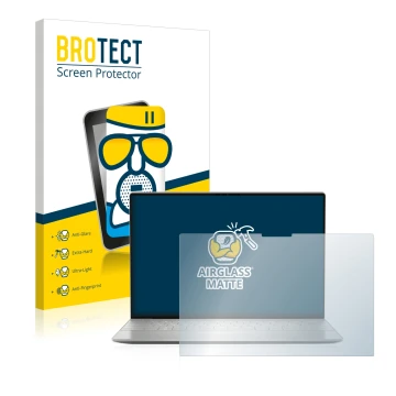 Parte frontal de un envase de producto con el logotipo de la marca BROTECT. Al lado se muestra el dispositivo Dell XPS 13 Plus