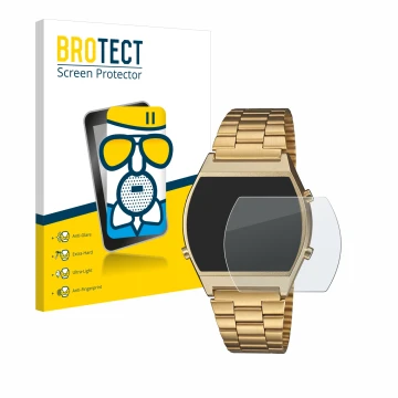 Parte frontal de un envase de producto con el logotipo de la marca BROTECT. Al lado se muestra el dispositivo Casio Retro B640