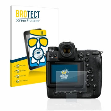 Parte frontal de un envase de producto con el logotipo de la marca BROTECT. Al lado se muestra el dispositivo Nikon Z 9 (Panta