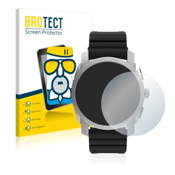 Parte frontal de un envase de producto con el logotipo de la marca BROTECT. Al lado se muestra el dispositivo Fossil Gen 6 Hyb