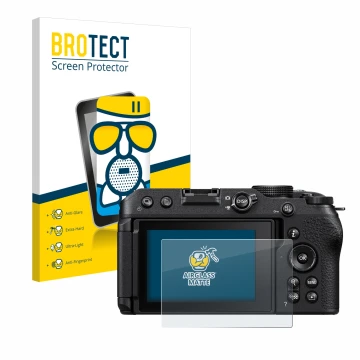 Parte frontal de un envase de producto con el logotipo de la marca BROTECT. Al lado se muestra el dispositivo Nikon Z 30 con s