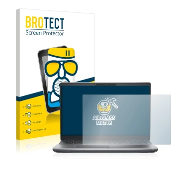 Parte frontal de un envase de producto con el logotipo de la marca BROTECT. Al lado se muestra el dispositivo Dell Latitude 55