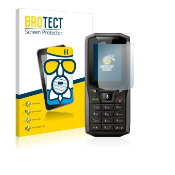 Parte frontal de un envase de producto con el logotipo de la marca BROTECT. Al lado se muestra el dispositivo Crosscall Core-S