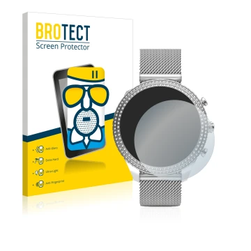 Parte frontal de un envase de producto con el logotipo de la marca BROTECT. Al lado se muestra el dispositivo Fossil Stella (6