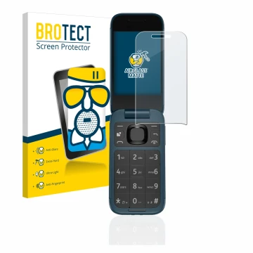 Parte frontal de un envase de producto con el logotipo de la marca BROTECT. Al lado se muestra el dispositivo Nokia 2660 Flip 