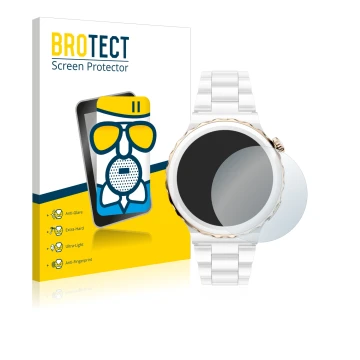 Parte frontal de un envase de producto con el logotipo de la marca BROTECT. Al lado se muestra el dispositivo Huawei Watch GT 