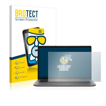 Parte frontal de un envase de producto con el logotipo de la marca BROTECT. Al lado se muestra el dispositivo Dell Latitude 14
