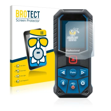 Parte frontal de un envase de producto con el logotipo de la marca BROTECT. Al lado se muestra el dispositivo Bosch GLM 50-27 