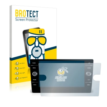 Parte frontal de un envase de producto con el logotipo de la marca BROTECT. Al lado se muestra el dispositivo Volkswagen T-Roc