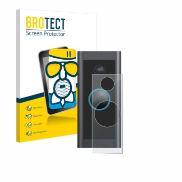Parte frontal de un envase de producto con el logotipo de la marca BROTECT. Al lado se muestra el dispositivo Ring Video Doorb