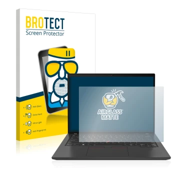 Parte frontal de un envase de producto con el logotipo de la marca BROTECT. Al lado se muestra el dispositivo Lenovo ThinkPad 