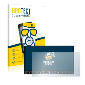 Parte frontal de un envase de producto con el logotipo de la marca BROTECT. Al lado se muestra el dispositivo Alpine iLX-705D 