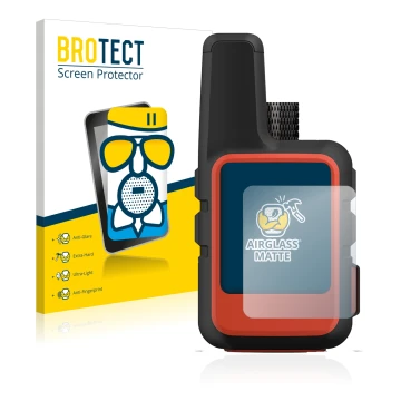 Parte frontal de un envase de producto con el logotipo de la marca BROTECT. Al lado se muestra el dispositivo Garmin inReach M