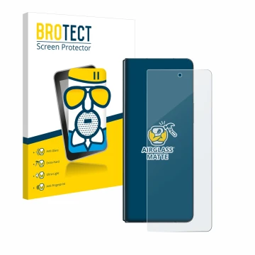 Parte frontal de un envase de producto con el logotipo de la marca BROTECT. Al lado se muestra el dispositivo Samsung Galaxy Z