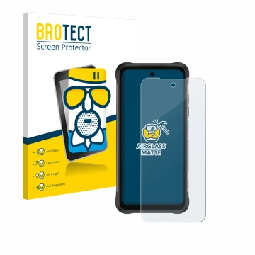 Parte frontal de un envase de producto con el logotipo de la marca BROTECT. Al lado se muestra el dispositivo Umidigi Bison 2 