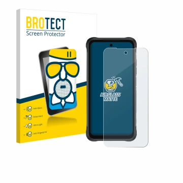 Parte frontal de un envase de producto con el logotipo de la marca BROTECT. Al lado se muestra el dispositivo Umidigi Bison 2 