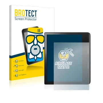 Parte frontal de un envase de producto con el logotipo de la marca BROTECT. Al lado se muestra el dispositivo Tolino Epos 3 co