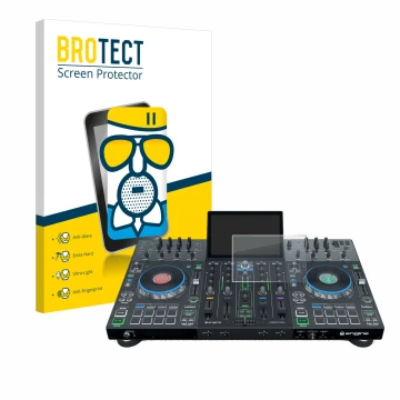 Parte frontal de un envase de producto con el logotipo de la marca BROTECT. Al lado se muestra el dispositivo Denon DJ Prime 4