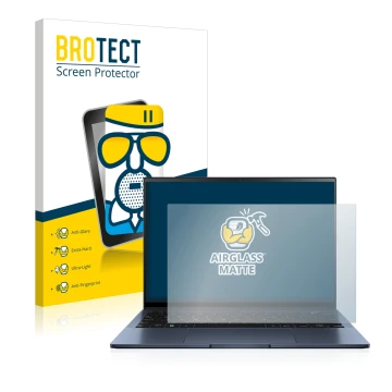 Parte frontal de un envase de producto con el logotipo de la marca BROTECT. Al lado se muestra el dispositivo ASUS ZenBook S13