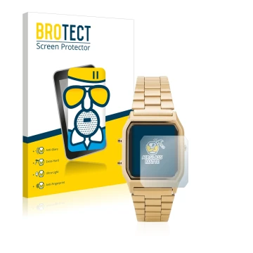 Parte frontal de un envase de producto con el logotipo de la marca BROTECT. Al lado se muestra el dispositivo Casio AQ-230GA c