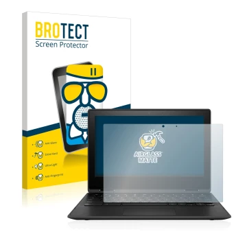 Parte frontal de un envase de producto con el logotipo de la marca BROTECT. Al lado se muestra el dispositivo HP Chromebook x3