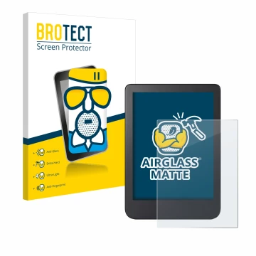 Parte frontal de un envase de producto con el logotipo de la marca BROTECT. Al lado se muestra el dispositivo Kobo Clara 2E co