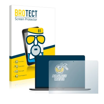 Parte frontal de un envase de producto con el logotipo de la marca BROTECT. Al lado se muestra el dispositivo Apple MacBook Pr