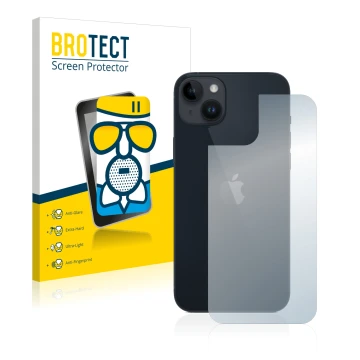 Parte frontal de un envase de producto con el logotipo de la marca BROTECT. Al lado se muestra el dispositivo Apple iPhone 14 