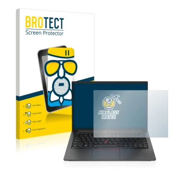 Parte frontal de un envase de producto con el logotipo de la marca BROTECT. Al lado se muestra el dispositivo Lenovo ThinkPad 