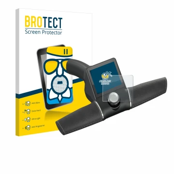 Parte frontal de un envase de producto con el logotipo de la marca BROTECT. Al lado se muestra el dispositivo Motocaddy M3 GPS