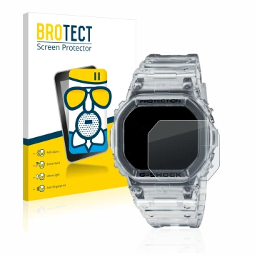 Parte frontal de un envase de producto con el logotipo de la marca BROTECT. Al lado se muestra el dispositivo Casio G-Shock DW