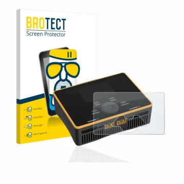 Parte frontal de un envase de producto con el logotipo de la marca BROTECT. Al lado se muestra el dispositivo Junsi iCharger D