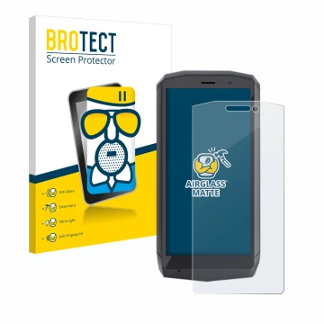 Parte frontal de un envase de producto con el logotipo de la marca BROTECT. Al lado se muestra el dispositivo Cubot Pocket con