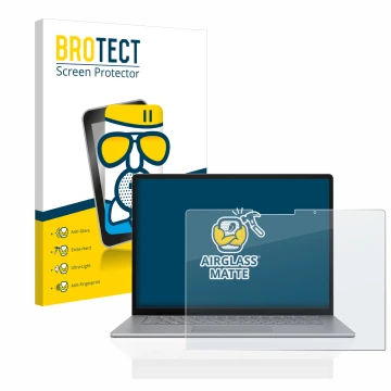 Parte frontal de un envase de producto con el logotipo de la marca BROTECT. Al lado se muestra el dispositivo Microsoft Surfac