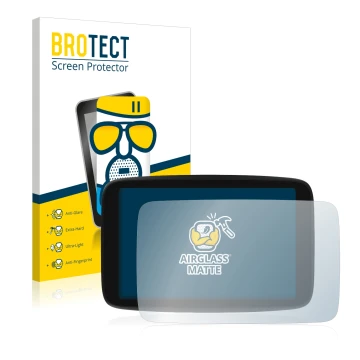 Parte frontal de un envase de producto con el logotipo de la marca BROTECT. Al lado se muestra el dispositivo TomTom GO Camper