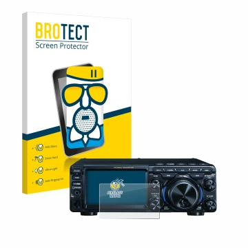 Parte frontal de un envase de producto con el logotipo de la marca BROTECT. Al lado se muestra el dispositivo Yaesu FT-710 con
