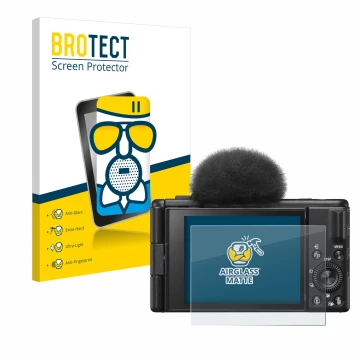 Parte frontal de un envase de producto con el logotipo de la marca BROTECT. Al lado se muestra el dispositivo Sony ZV-1F con s