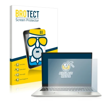 Parte frontal de un envase de producto con el logotipo de la marca BROTECT. Al lado se muestra el dispositivo MSI Prestige 16 