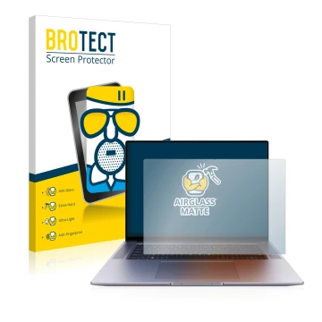 Parte frontal de un envase de producto con el logotipo de la marca BROTECT. Al lado se muestra el dispositivo Huawei MateBook 