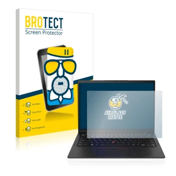 Parte frontal de un envase de producto con el logotipo de la marca BROTECT. Al lado se muestra el dispositivo Lenovo ThinkPad 