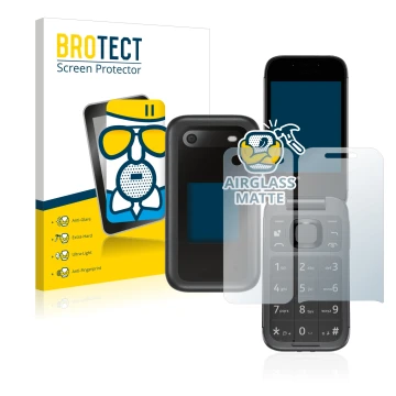 Parte frontal de un envase de producto con el logotipo de la marca BROTECT. Al lado se muestra el dispositivo Nokia 2660 Flip 