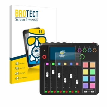 Parte frontal de un envase de producto con el logotipo de la marca BROTECT. Al lado se muestra el dispositivo Rode Rodecaster 