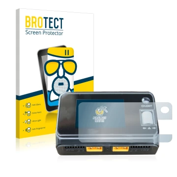 Parte frontal de un envase de producto con el logotipo de la marca BROTECT. Al lado se muestra el dispositivo ToolkitRC M6D Du