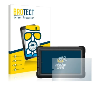 Parte frontal de un envase de producto con el logotipo de la marca BROTECT. Al lado se muestra el dispositivo Launch X-431 PRO