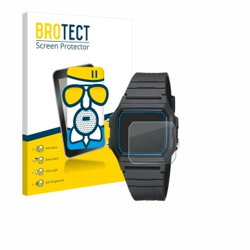 Parte frontal de un envase de producto con el logotipo de la marca BROTECT. Al lado se muestra el dispositivo Casio F-105W-1AW