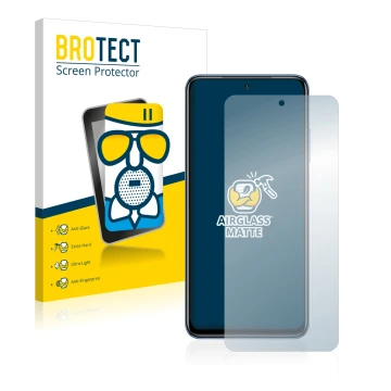 Parte frontal de un envase de producto con el logotipo de la marca BROTECT. Al lado se muestra el dispositivo Xiaomi Poco M5s 